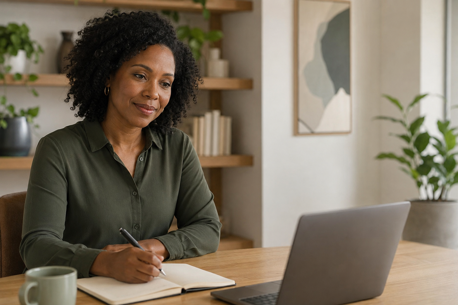 A Black woman taking part in a virtual wellness session